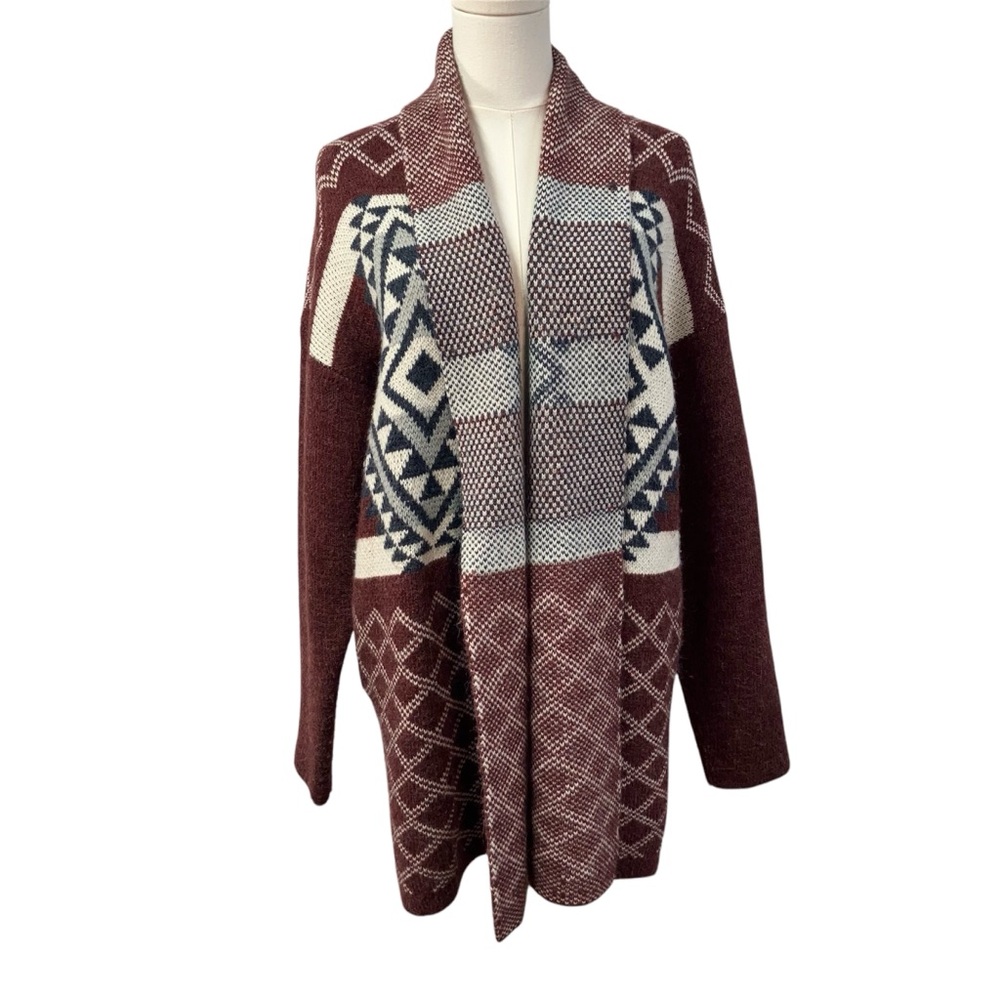 Open-Front Maroon and Cream Patterned Cardigan Sweater